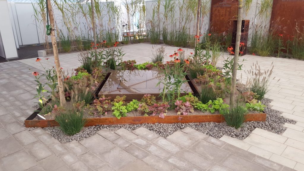 Garten mit Pflanzen und Wasser